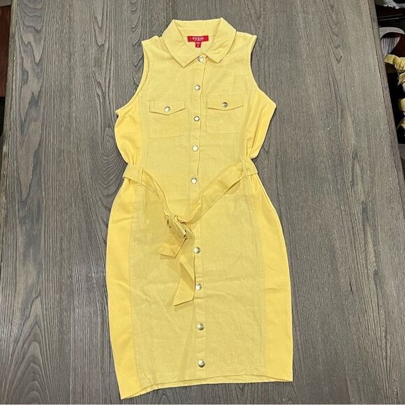 NWOT Guess Los Angeles Linen Blend Yellow Collared Utility Tie Waist Dress Sz M - Picture 1 of 9